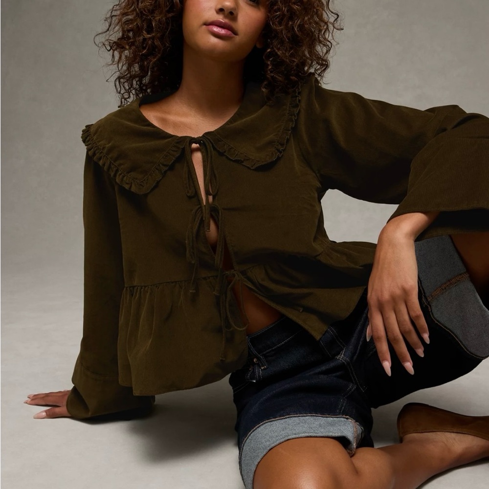 American Eagle Outfitters Dark Brown Ruffle Tie-Front Blouse